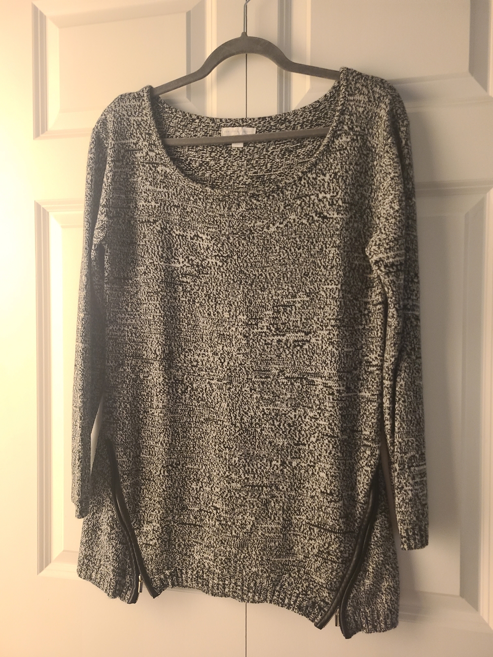 New York & Company Black and White Marled Scoop Neck Sweater with Side Zippers